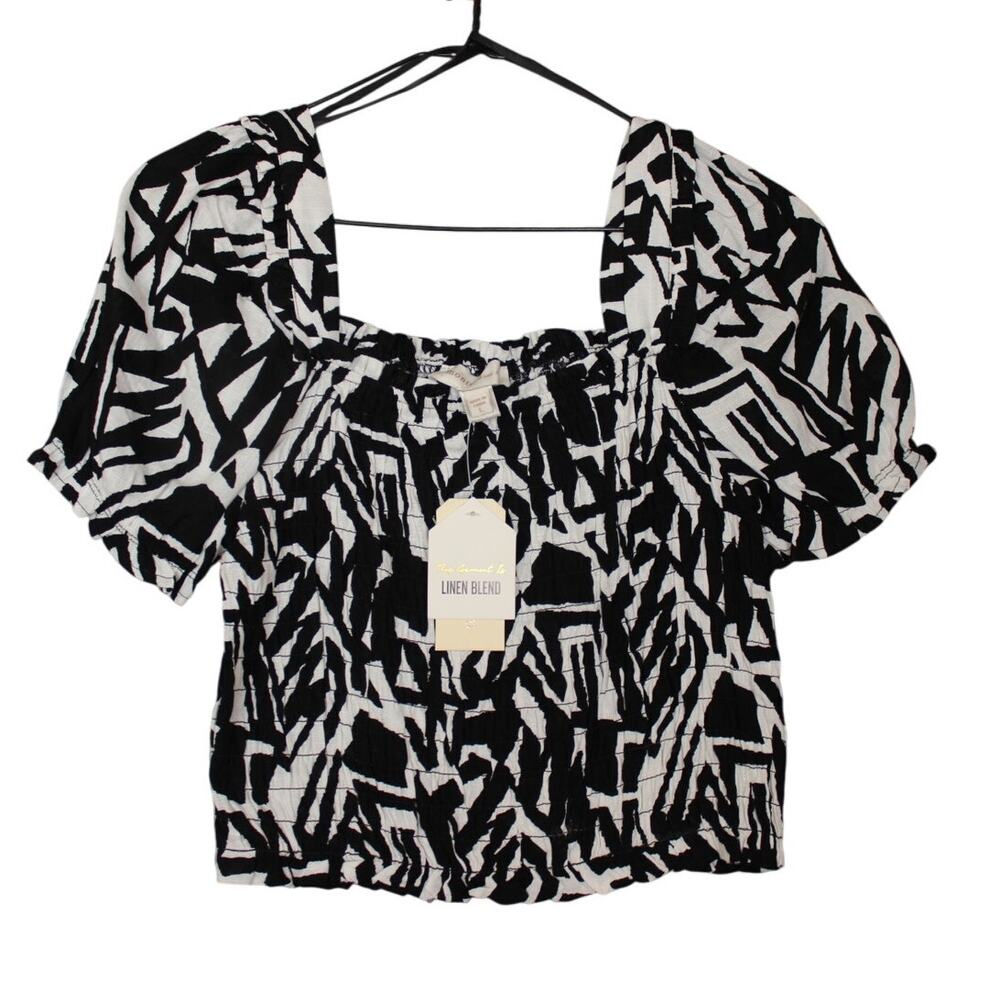 Monteau Womens Black and‎ White Linen Blend Crop Top Size Large NWT